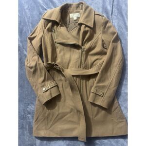 Michael Kors Women's Coat Tan Wool Blend Belted Asymmetrical Zip Up Sz 8‎